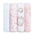 Four rolled aden + anais muslin swaddles in pink floral, blue stripe, bird wreath and tie-dye patterns on white background