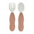 BEABA stainless steel fork and spoon set with soft pink handles embossed with brand name on white background