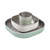 BEABA stainless steel meal set in sage green and white with plate, bowl and cup stacked together