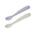 BEABA silicone baby spoons in misty green and pebble grey colours with embossed logo on white background