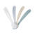BEABA set of four silicone baby spoons fanned out in pebble, cloud blue, baltic blue and clay colours on white background