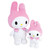 My Melody super soft squishy plush 26cm shown in two sizes with pink rabbit hood and yellow nose
