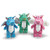 Three small Zog dragon plush toys in blue, green and pink colours with white bellies and wings