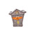 Halloween Town City Hall ceramic cookie jar with grey stone facade, orange pumpkin banner and lit yellow windows