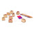 Melissa & Doug Friendship Stamp Set - scattered product layout showing 8 individual friendship stamps, wooden storage box, pencils and pink and purple inkpad | Peekaboobaby