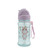 Skip Hop unicorn drink bottle with purple flip-top straw lid, clear body featuring cute character design and pink carry strap