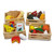 Melissa & Doug wooden toy food in four crates including bread, dairy, meat, fish, fruit and vegetables for pretend play