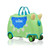 Trunki Dudley dinosaur ride-on suitcase in lime green with blue accents, yellow horns and four wheels on white background