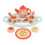 Peppa Pig Wooden Tea Set - mint green scalloped tray with wooden teapot with red lid, two cups with pink flower details and red handles, red spoons and Peppa Pig character illustrations | Peekaboobaby