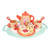 Peppa Pig Wooden Tea Set - overhead view showing mint tray, coral teapot with Peppa illustration, cups with flower details, red spoons and yellow and cream wooden play food on red plate | Peekaboobaby