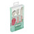 Beaba cutlery set in old pink shown in mint-green retail packaging, angled view