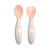 Beaba nude training fork and spoon with white ergonomic handles, flat lay