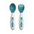 Beaba blue fork and spoon with white branded handles, flat lay