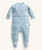 ergoPouch Organic Cotton Padded Sleep Onesie 2.5 tog in Dragonflies print, front flat lay showing pale blue fabric with scattered dragonfly motifs