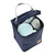 Open dark blue pouch revealing light blue bowl, white container, and storage compartments with silver handles.