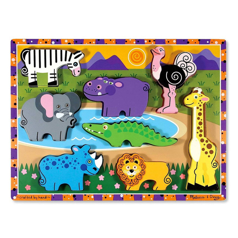 Melissa & Doug wooden chunky safari puzzle with colourful animal pieces including elephant, lion, giraffe and zebra