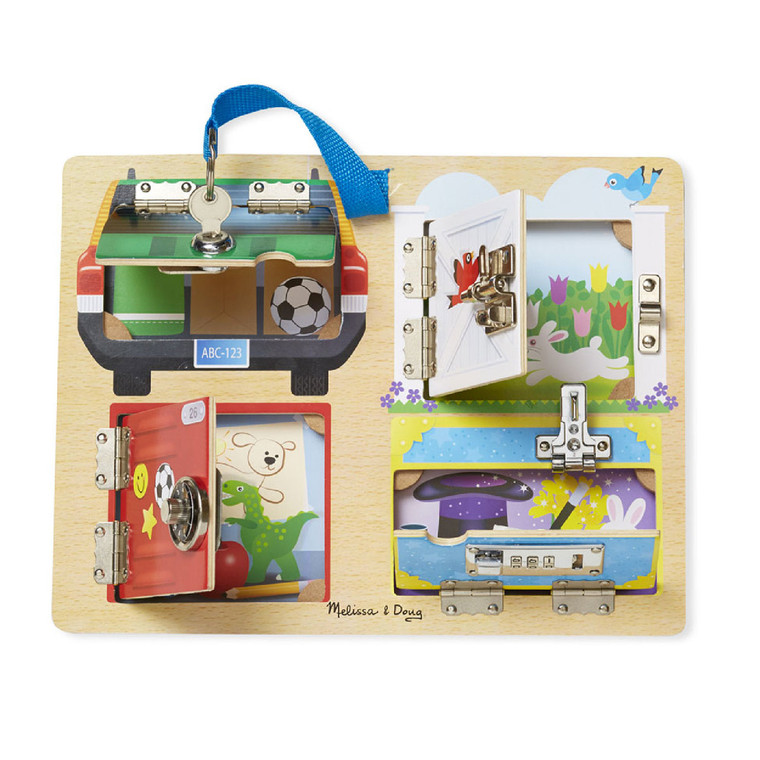 Melissa & Doug wooden lock and latch board with colourful illustrations of car, house, mailbox and magic hat with latches