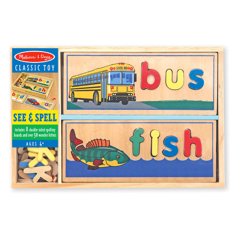 Child placing wooden letter tiles onto Melissa & Doug See & Spell picture board to form a word