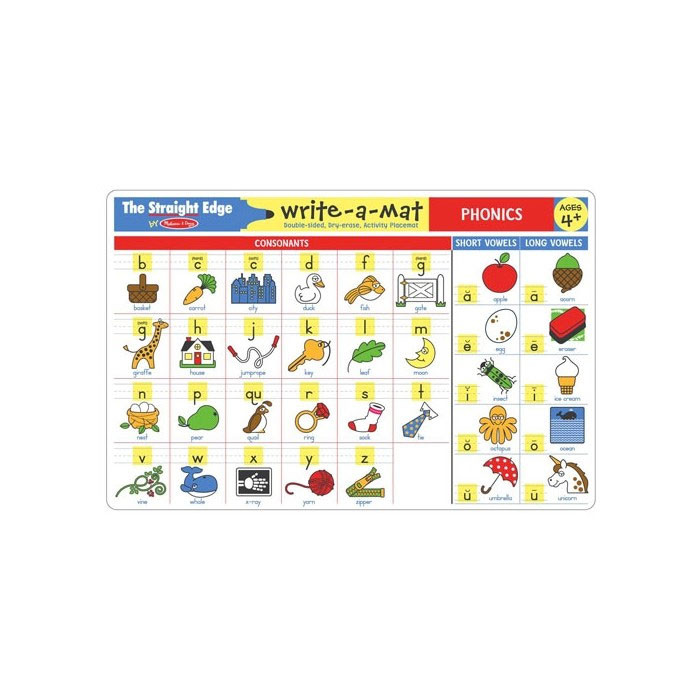 Melissa & Doug Write A Mat Phonics Placemat showing alphabet letters with phonics sounds and writing guides