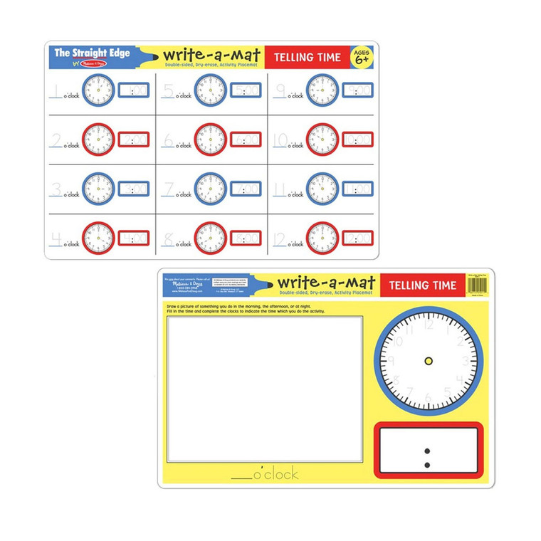 Child drawing clock hands on Melissa & Doug Write A Mat Telling Time Placemat with dry-erase marker