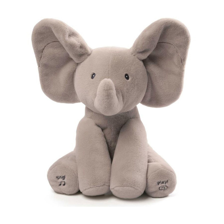 Gund grey plush elephant toy with large floppy ears, embroidered eyes and feet markings, sitting on white background