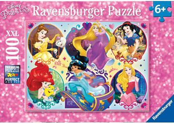 Ravensburger Disney Princess 100 piece puzzle box showing Belle, Rapunzel, Jasmine, Ariel and Mulan in circular frames on