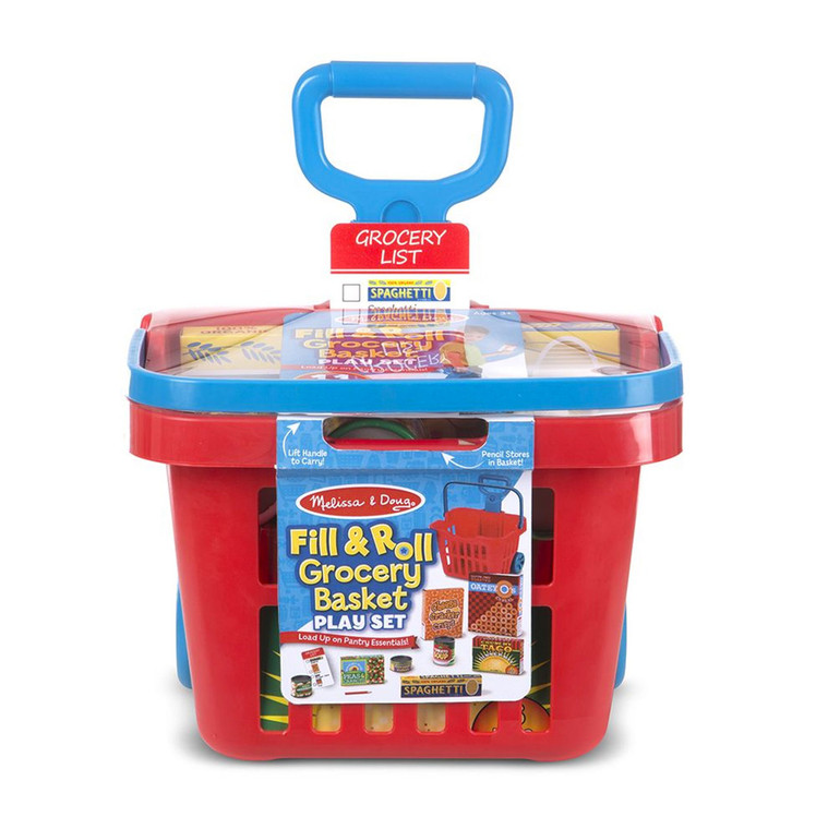 Fill & Roll Grocery Basket pretend play set showing food items loaded on ramp mechanism