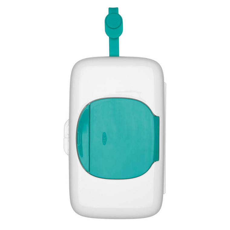 OXO Tot On-The-Go white and teal baby wipes dispenser with attached strap shown from front view