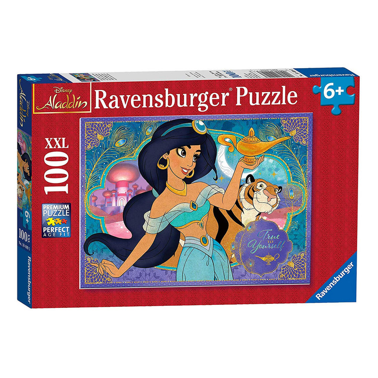 Ravensburger 100 piece Disney Aladdin jigsaw puzzle box featuring Princess Jasmine with Rajah and magic lamp on red packaging
