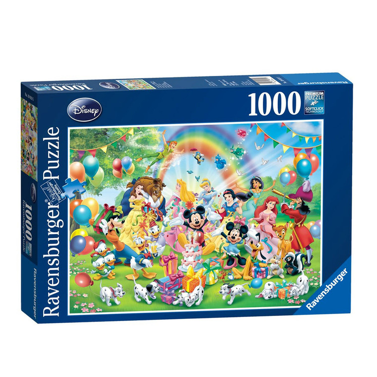 Ravensburger 1000 piece Disney jigsaw puzzle box showing Mickey Mouse and friends celebrating with balloons and rainbow
