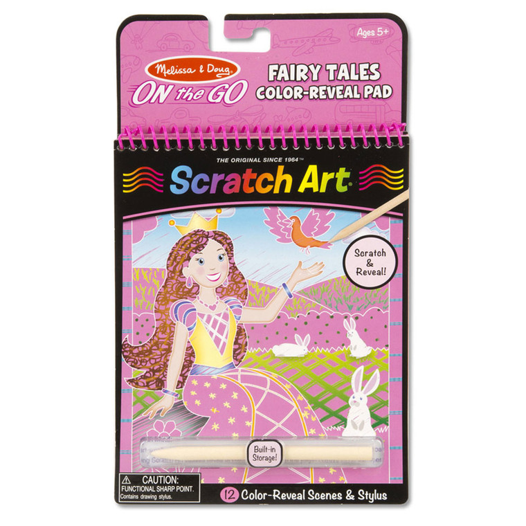 Melissa & Doug Scratch Art fairy tale pad with princess illustration, wooden stylus and pink spiral binding on pink packaging