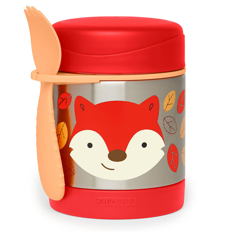 Skip Hop Zoo insulated stainless steel food jar with red fox design, matching spork and flip-top lid on white background