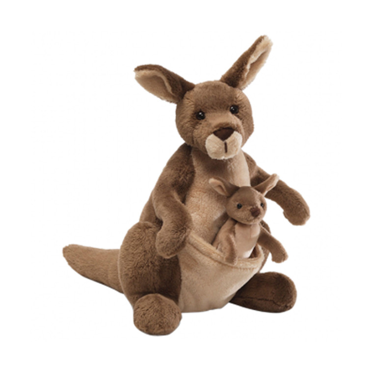 Jirra Kangaroo plush soft toy with removable joey in pouch, tan and cream kangaroo, seated pose