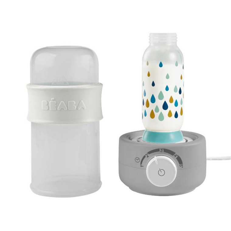 BEABA bottle warmer in grey with white dial, shown with clear bottle and decorative bottle with colourful droplet pattern