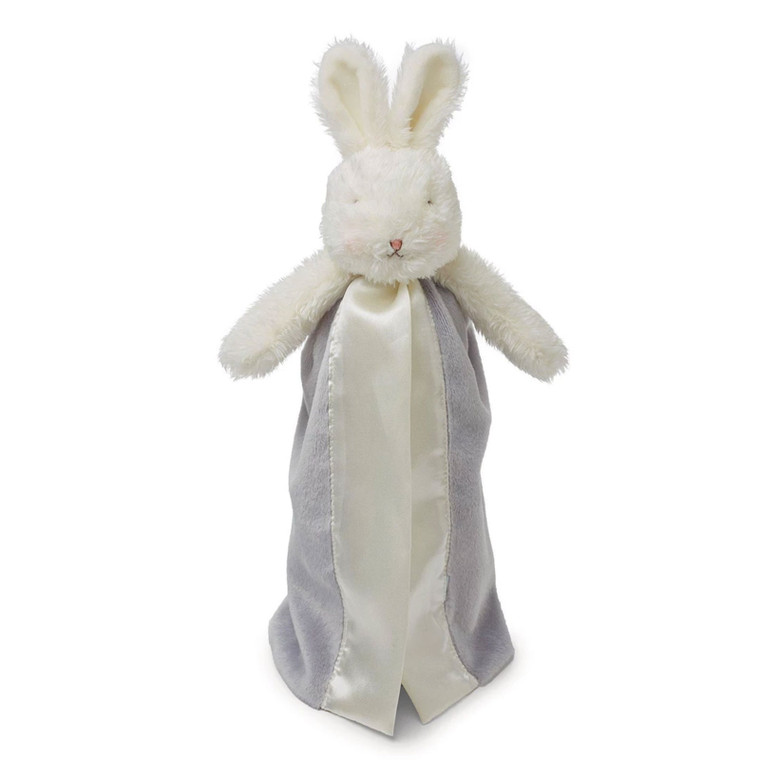 Bunnies By The Bay grey and cream bunny comforter blanket with satin ribbon trim on white background