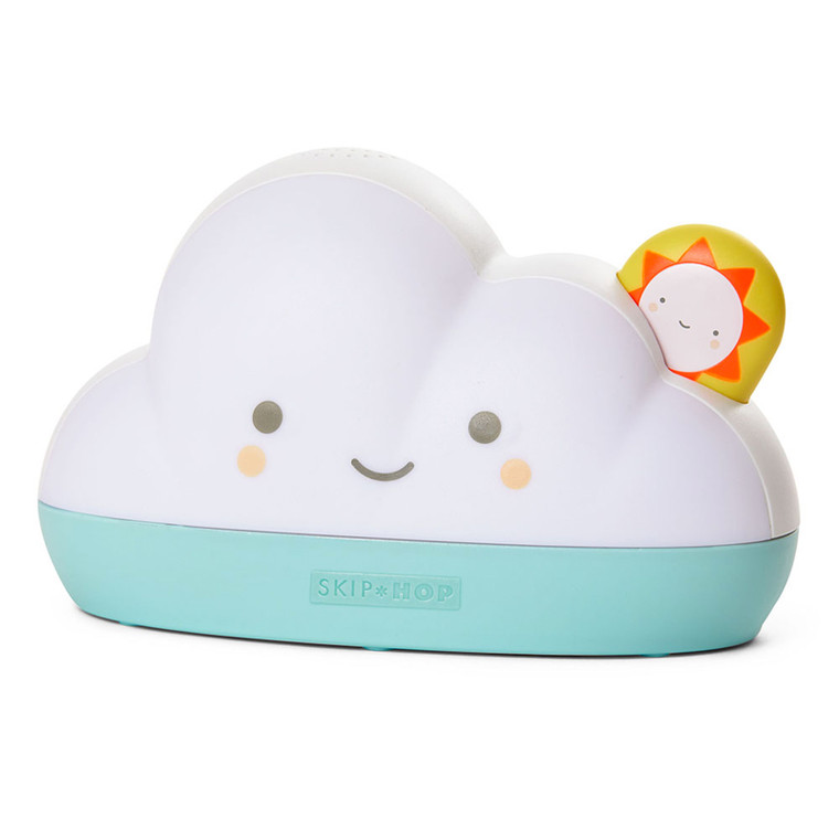 Skip Hop cloud-shaped nightlight in white and turquoise with smiling face and sun icon on white background