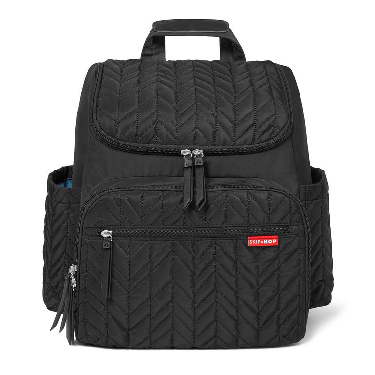 Skip Hop Forma black quilted nappy backpack with chevron stitching pattern and multiple zippered compartments