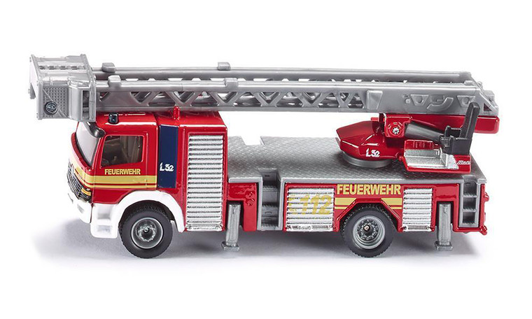 SIKU red Mercedes-Benz turntable ladder fire engine die-cast 1:87 scale, front-left three-quarter view showing Feuerwehr 112 L32 markings, silver extending ladder, blue roof lights and compartment panels