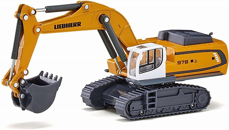 SIKU Liebherr hydraulic excavator die-cast toy in 1:87 scale, orange-gold body with white cab, three-quarter view showing full articulated boom and toothed bucket