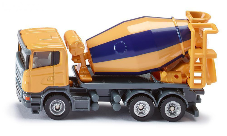 SIKU Liebherr cement mixer truck 1:87 scale in orange and blue, showing rotating drum with diagonal stripes, rear chute and Scania three-axle cab