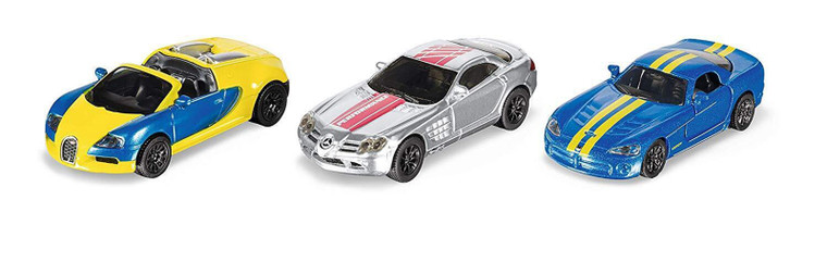 SIKU Sports Car Set with Bugatti Veyron, Mercedes-Benz SLR McLaren and Dodge Viper die-cast models on white background