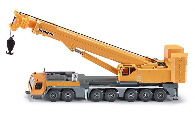 SIKU Liebherr mobile crane 1:87 scale side profile with boom stowed in travel position, showing multi-axle chassis and Liebherr branding