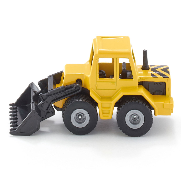 Siku yellow front loader die-cast toy vehicle with black bucket and grey wheels on white background