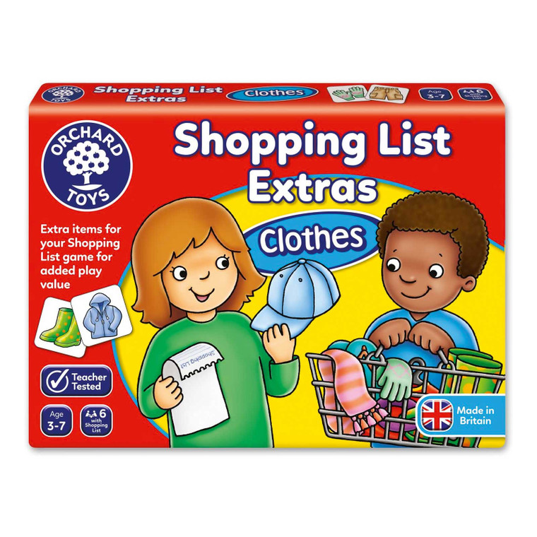 Orchard Toys Shopping List Booster Pack Clothes - pack front showing clothing item cards