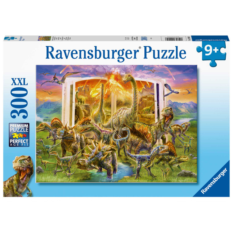 Ravensburger Dino Dictionary 300-piece puzzle box featuring illustrated dinosaur encyclopedia layout