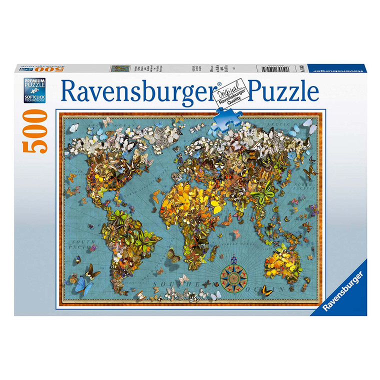 Ravensburger World of Butterflies 500-piece puzzle box featuring vibrant illustrated butterfly species collage