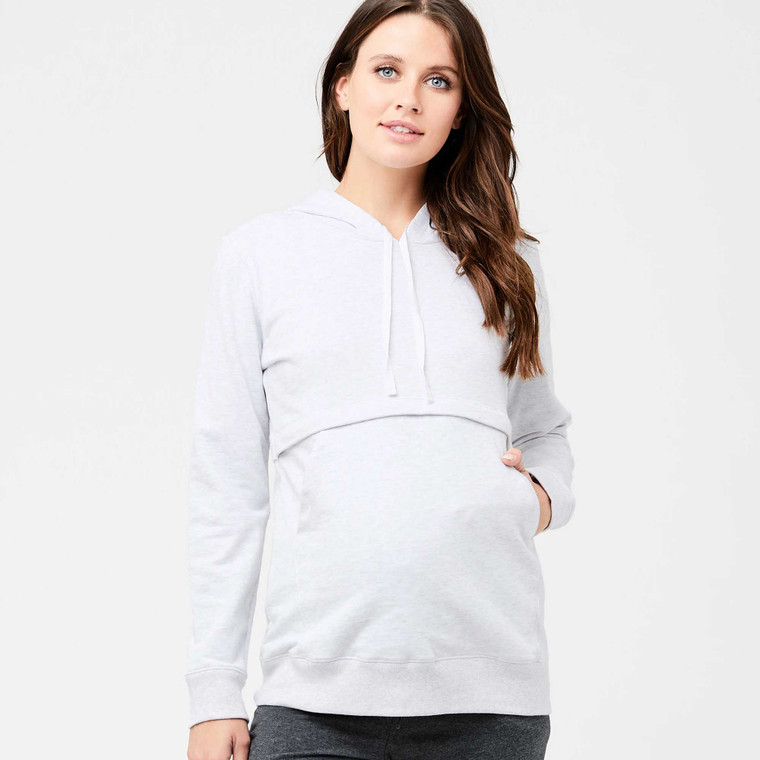 Woman wearing Ripe Maternity light grey nursing hoodie with drawstring and kangaroo pocket on white background