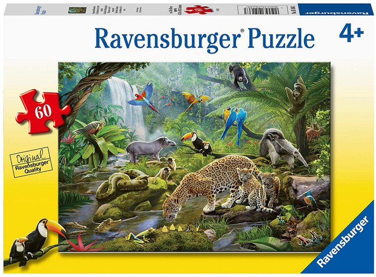 Ravensburger Rainforest Animals 60 piece jigsaw completed showing colourful jungle creatures