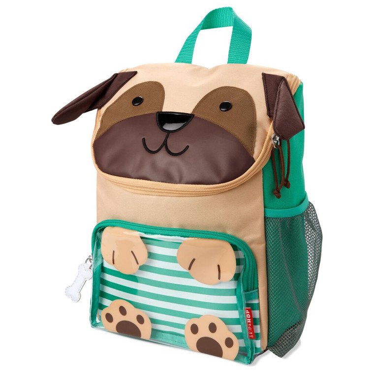 Skip Hop Zoo pug dog backpack for kids in beige and green with striped front pocket, floppy ears and paw details