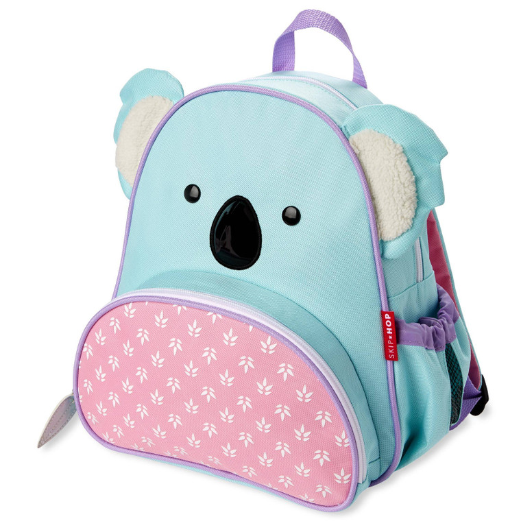 Skip Hop Zoo turquoise koala backpack with pink belly, fluffy ears, purple straps and side pockets for kids